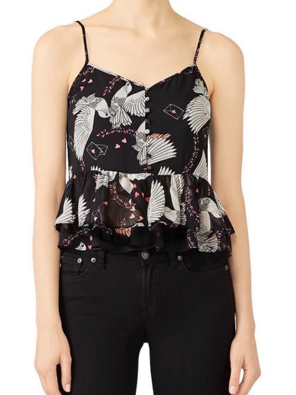 Rebecca Minkoff Black Bird-Print Peplum Cami